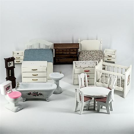 Vintage Doll Furniture - Beds, Dressers, Crib, Clock, Table, and Bathroom Set