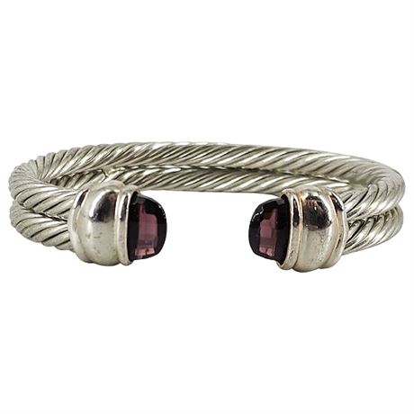 Silver Tone Faux Amethyst Double Cable Cuff Bracelet