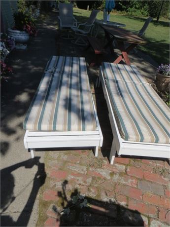Pr. of Vintage Wood White Chaise Lounge w/Side Table