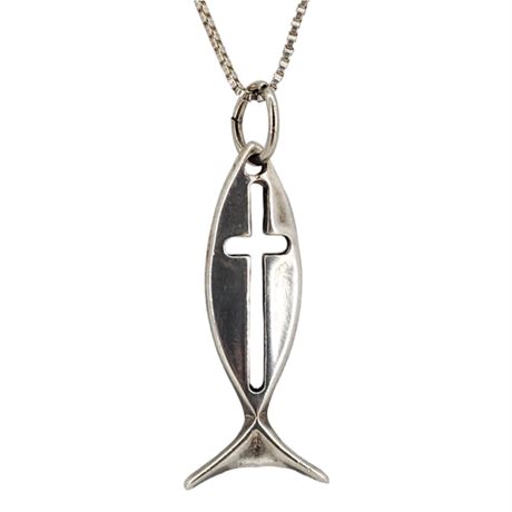 Vtg Sterling Silver Ichthys Fish Cross Pendant Necklace