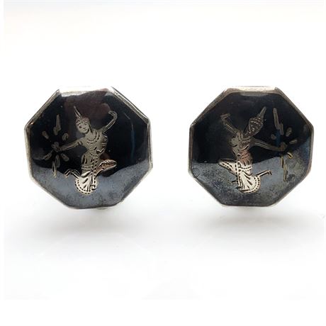 Vintage Siam Niello Enamel Thai Goddess Sterling Silver Hexagon Earrings