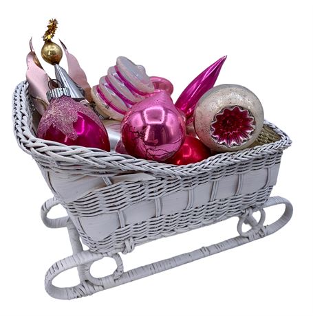 Vintage Raspberry & Pink Glass Ornaments in White Wicker Sleigh