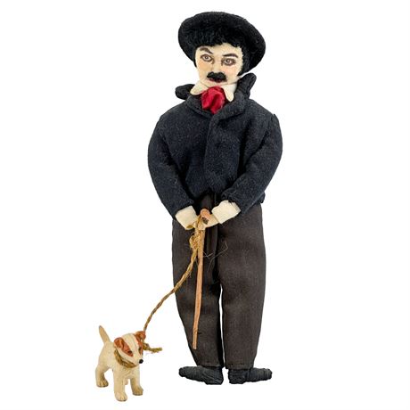 Handmade Vintage Charlie Chaplin Doll Walking a Dog