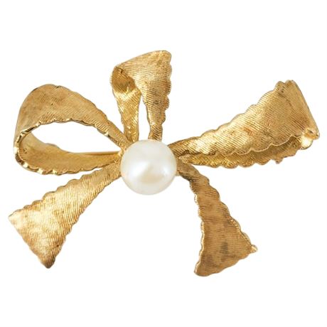 Vintage 14K Gold Genuine 5.8mm Pearl Bow Brooch