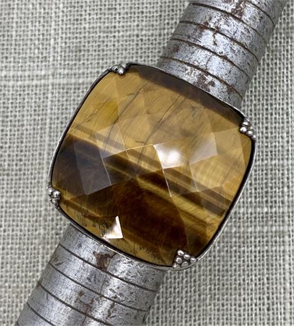 19 Gram Sterling Silver & Faceted Tigers Eye Large Carat Ring