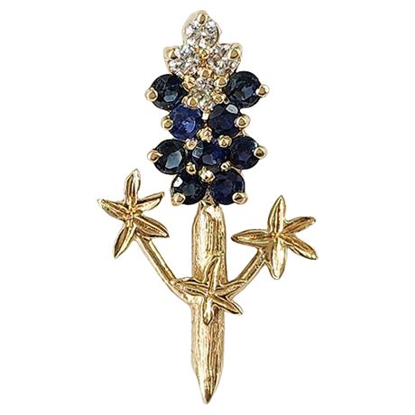 Custom Artisan Made 14K Gold, Diamond & Sapphire Texas Bluebell Pendant