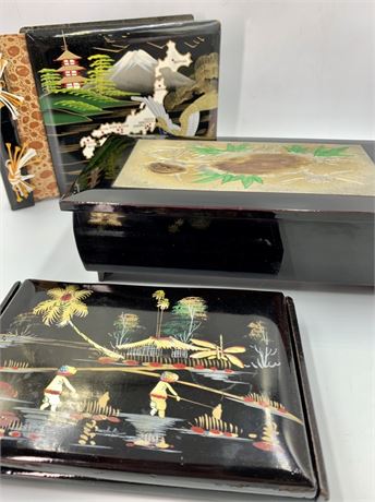 3 pc Japanese Lacquer Trinket Box, Photo Album & Jewelry Box Lot
