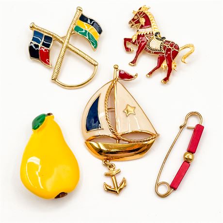 Lot of 5 Vintage Gold-Tone Colorful Enamel Brooches