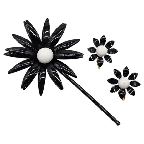 Vintage Black & White Enamel Flower Power Brooch & Clip Earrings Set