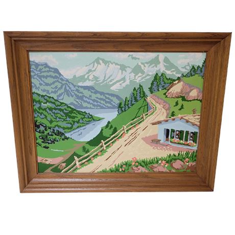 Framed Vintage Mountain Paint by Number Cottage Landscape Pastel Painting