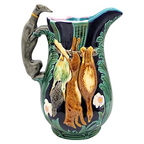 Hand-Painted Majolica Reproduction Game Pitcher w/ Greyhound Handle