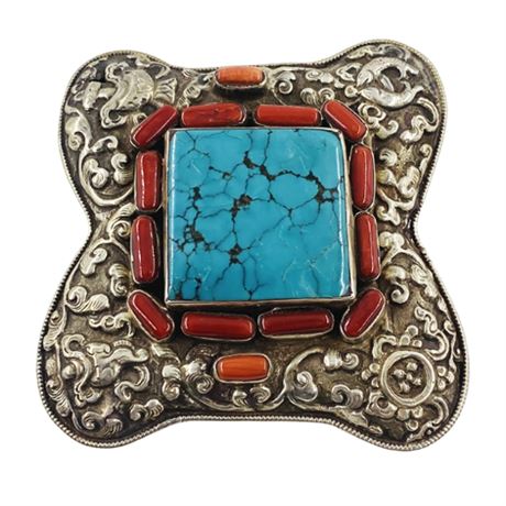 Superb 128g Vintage Turquoise + Coral Handmade Belt Buckle