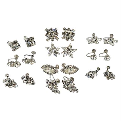 Ten Pairs Vintage Silver Tone Clear Rhinestone Screwback Earrings