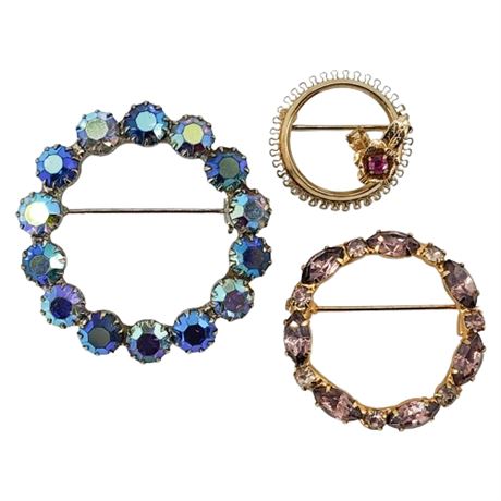 Three Vintage Rhinestone Circle Brooches