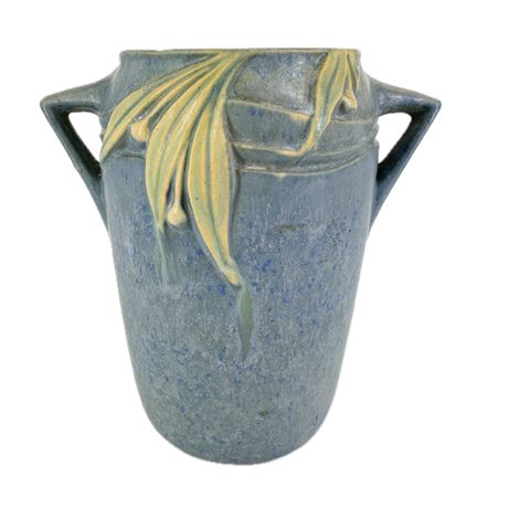 Vintage 1930's Roseville Pottery Blue Velmoss Handled Vase
