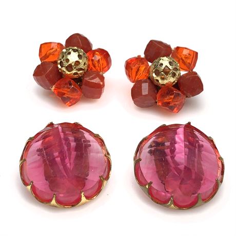 Vintage W Germany Pink Domed Faceted Round & Orange Tone Beaded Earrings
