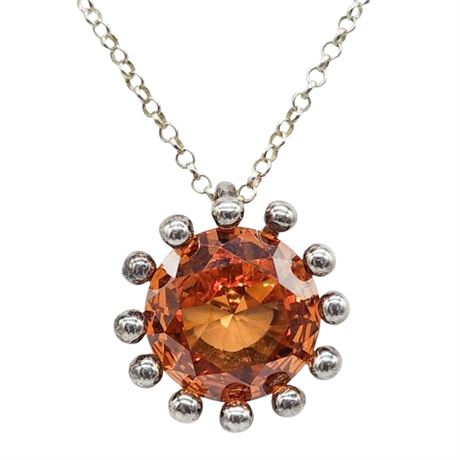 Signed Sterling Silver Huge 20mm Orange Gemstone Pendant Necklace