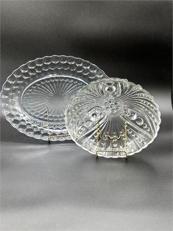 Blue Tinted 12' x 9" Glass Platter and Clear Cut Glass 8.5" Bowl