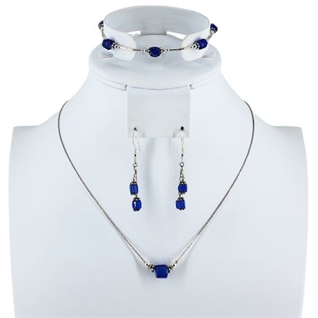 Artisan Made Sterling Silver & Blue Glass Necklace, Bracelet & Earrings Set