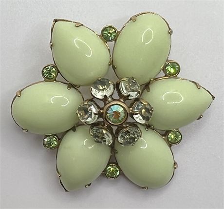 Pretty pale, green cabachon  with rhinestones flower brooch