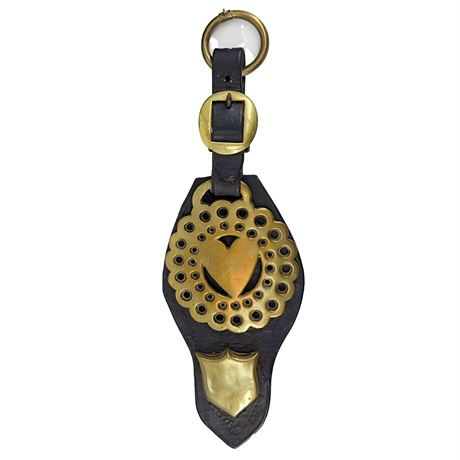 Vintage Brass Horse Heart-Shaped Saddle Medallion on Leather Strap