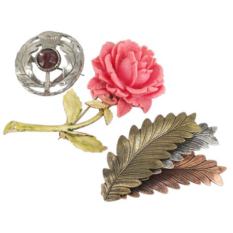 Vintage Nature Brooch Collection - Scottish Thistle, Pin Rose, Mixed Metal Leaf