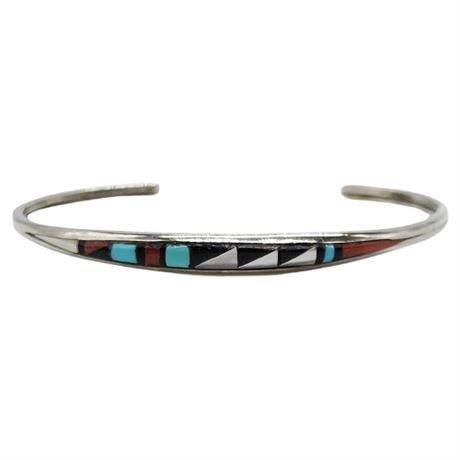Vintage Zuni Native American Sterling Silver Dainty Inlaid Cuff Bracelet