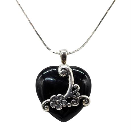 Signed CCC Sterling Silver Black Onyx Heart Pendant Necklace
