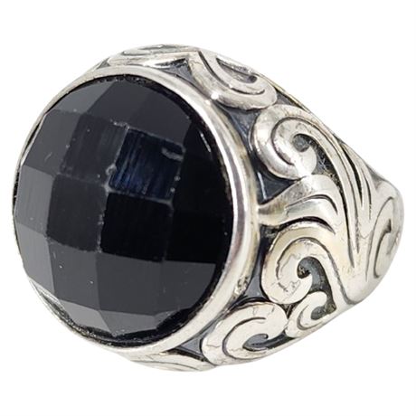 PREMIER DESIGNS Silver Tone Faceted Black Glass Ring, Sz 5.75