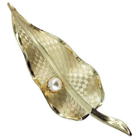 Vintage Faux Pearl Stylized Leaf Brooch