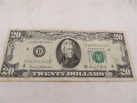 1969 $20 Federal Reserve Note # D 46766343 B