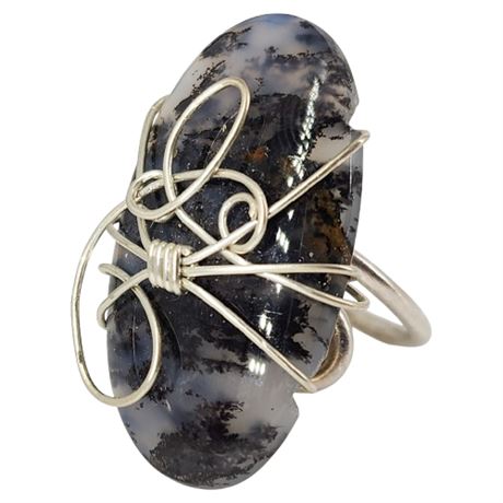 Artisan Made Sterling Silver Wire Wrapped Dendritic Moss Agate Ring, Sz 7