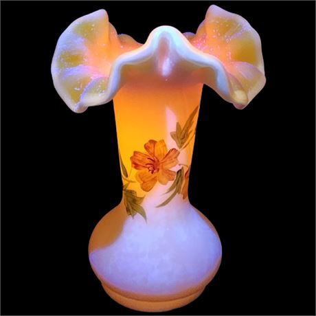 Vintage Kanawha Glass UV Reactive White Over Yellow Hand Painted Crimped Vase
