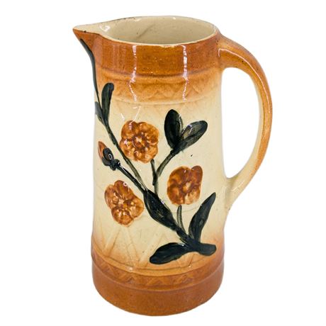 Early Roseville Wild Rose Jug Pitcher Orange Flowers Dark Green Leaves