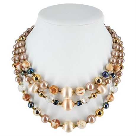 Vintage Japan Made Triple-Strand Blush Faux Pearl Beaded Necklace