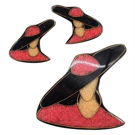 Vintage Sawdust Art Resin Lady Head Brooch & Pierced Earrings Set