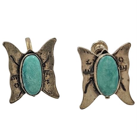 Sterling Silver Turquoise Stone Butterfly Screw-Back Earrings