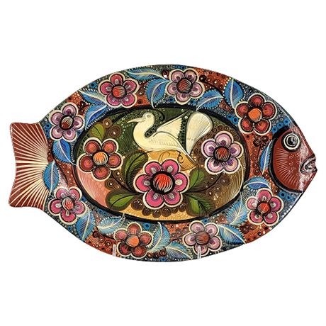 Vintage Hand Painted Mexican Folk Pottery Fish Plate