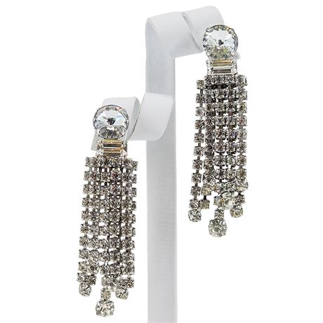 Vintage Layered Prong Set Rhinestone & Rivoli Fringe Earrings