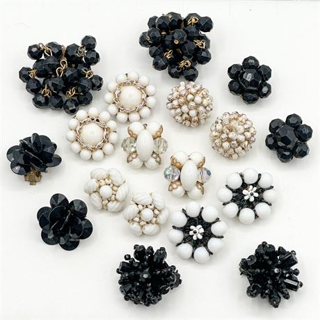Lot of 9 Pairs Vintage Cluster Bead Clip-On Earrings