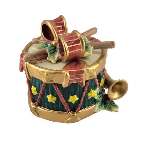 Fitz & Floyd Christmas Holiday Drum Ceramic Candy Trinket Box