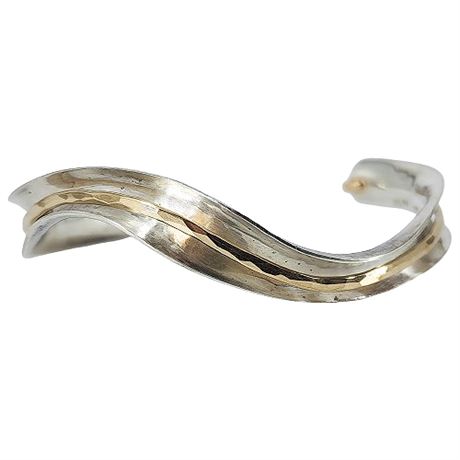 Signed Sterling Silver & Gold Filled Modernist Cuff Bracelet