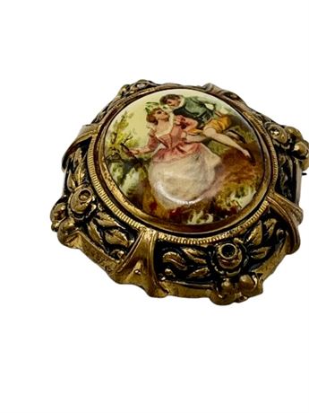 Vintage courting couple enamel, goldtone cameo brooch