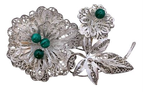 Sterling Silver Filigree & Malachite Bead Vintage Flower Brooch