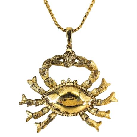 Vintage Gold Tone Crab Cancer Zodiac Pendant Necklace