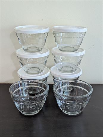 Pampered Chef Set 8 glass measuring bowls + 6 lids