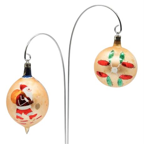 Vintage Poland Hand Painted/Mica Glitter Santa & Bulb Christmas Ornaments