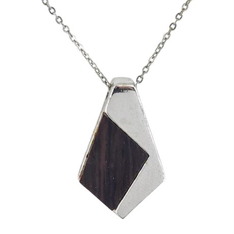 Signed Vintage Crown Trifari Ebony Wood Pendant Necklace