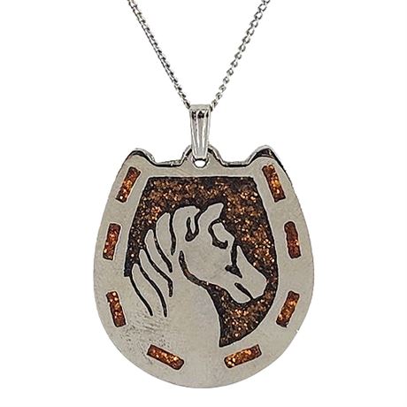 Signed Vintage 70s PSC  Inlaid Horse & Horseshoe Pendant Necklace