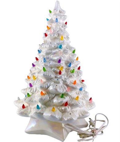 18 Inch White Irridescent Ceramic Light-Up Christmas Tree